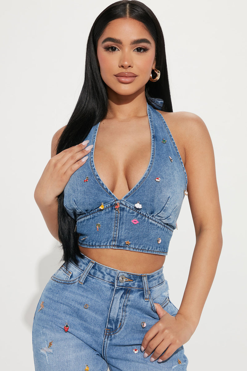 Fashion nova denim crop top on sale