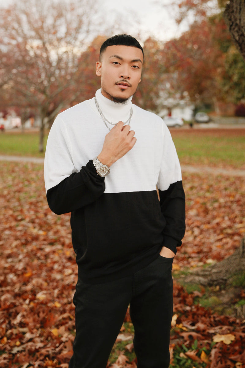 Half black deals and white sweater