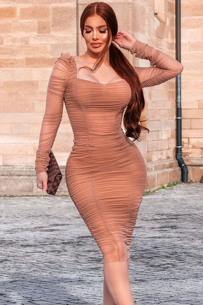 Nude mesh ruched clearance dress