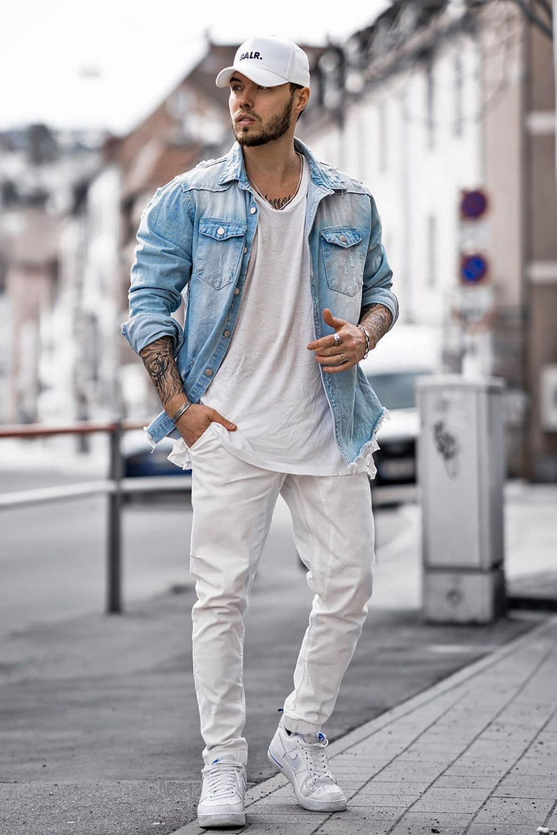 Distressed denim on sale shirt men