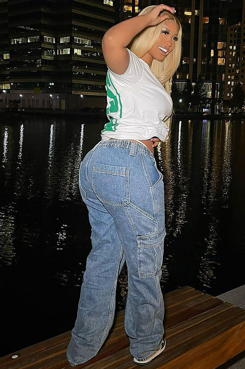 Women's In A Cinch Split Hem Cargo Jeans in Medium Wash Size 13 by Fashion  Nova