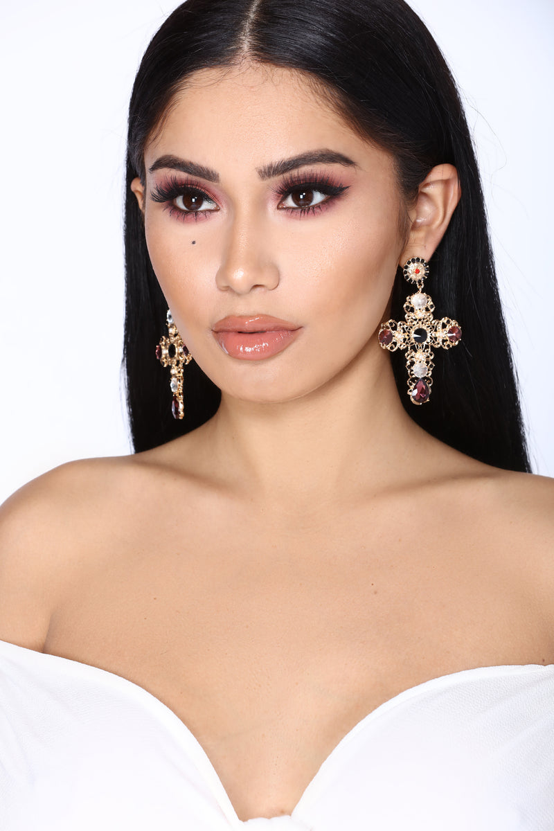 Madame Glam Earrings Gold/Burgundy Fashion Nova, Jewelry Fashion Nova