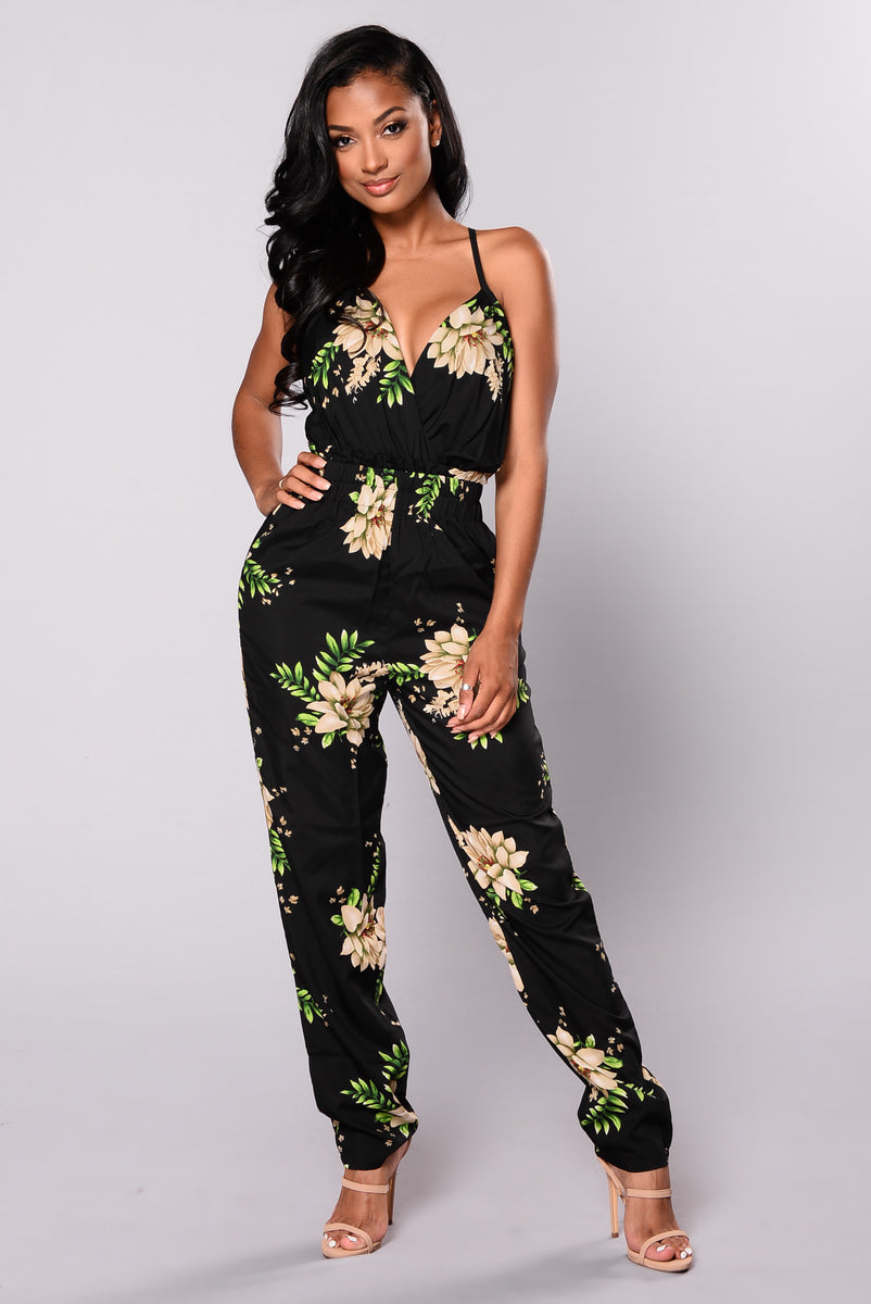 Ezmae Satin Jumpsuit Black Floral