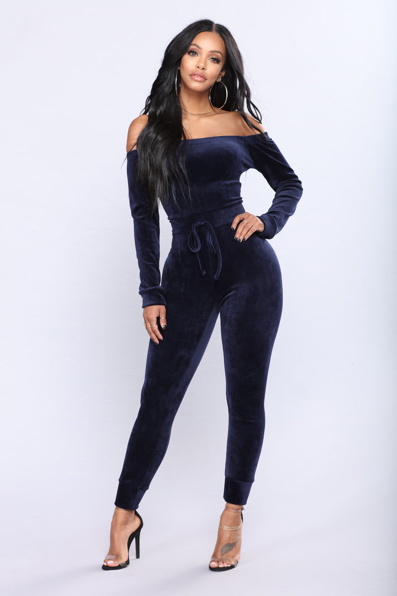 Need A Hug Velour Jumpsuit Navy