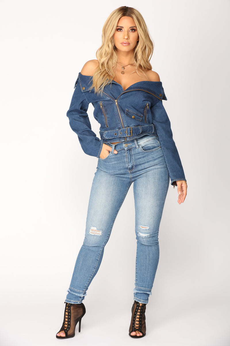 Once In A While Off Shoulder Jacket Dark Wash