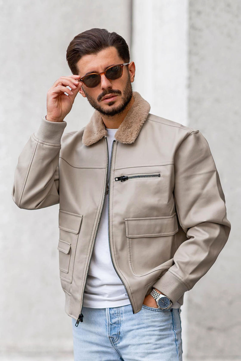 Faux Leather Fur Collar Bomber Jacket Tan Fashion Nova, Mens