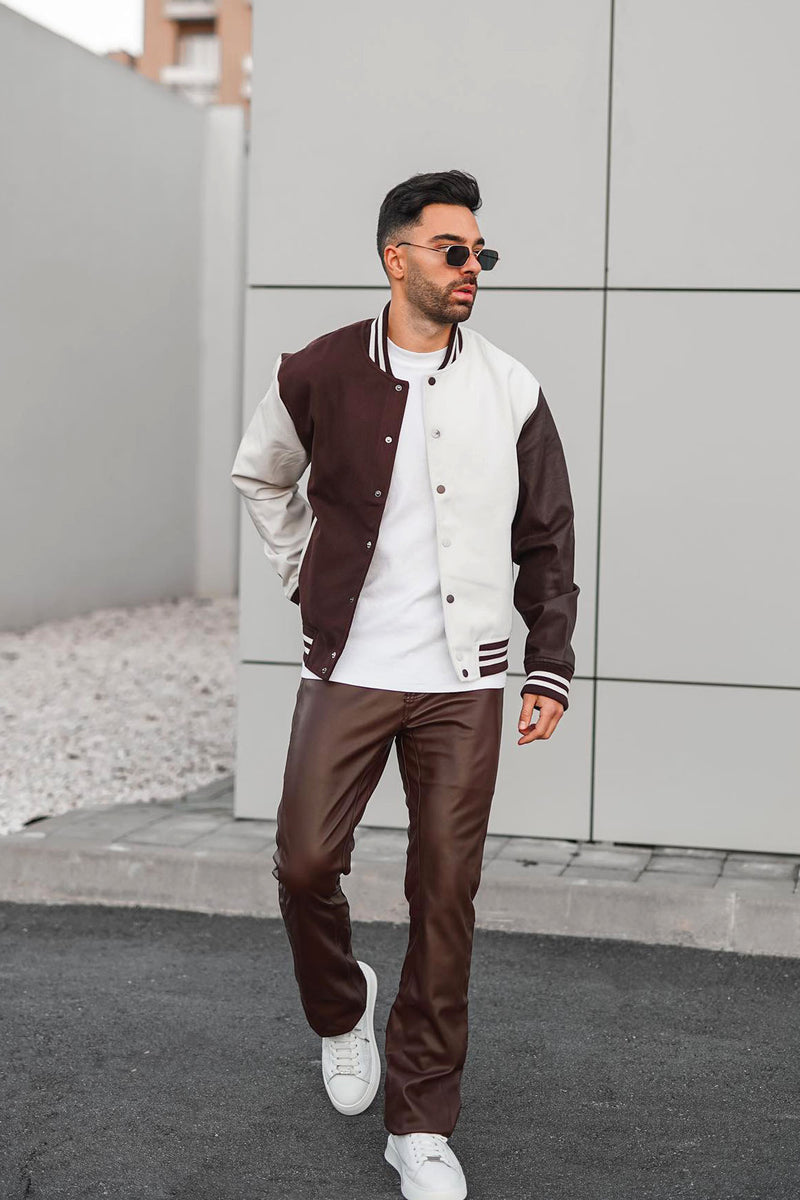 Men's Captain Rose Varsity Jacket with Faux Leather Sleeves in Brown Size Large by Fashion Nova