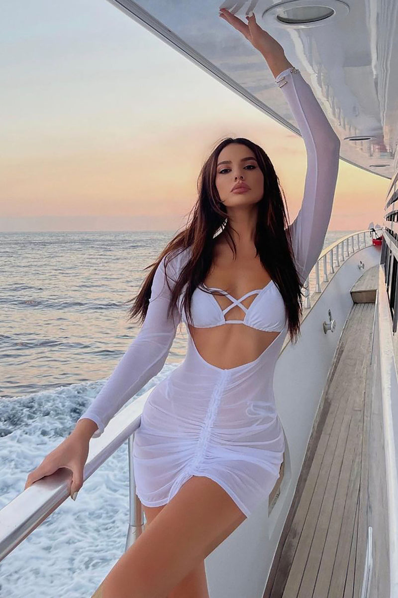 Island Beach 3 Piece Bikini and Cover Up Set White