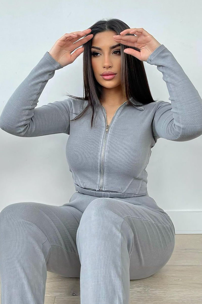 Nova Lounging 2 Piece Ribbed Jogger and Zip Up Set Grey Fashion