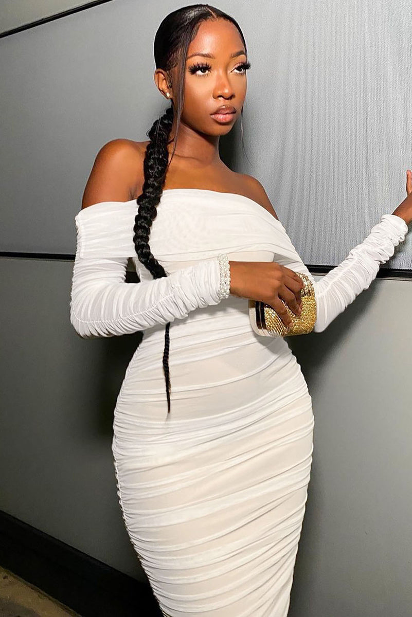Ready In A Ruched Off Shoulder Midi Dress - White