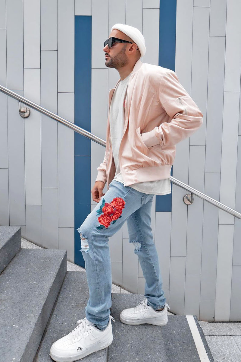 Rose embroidered on sale jeans mens