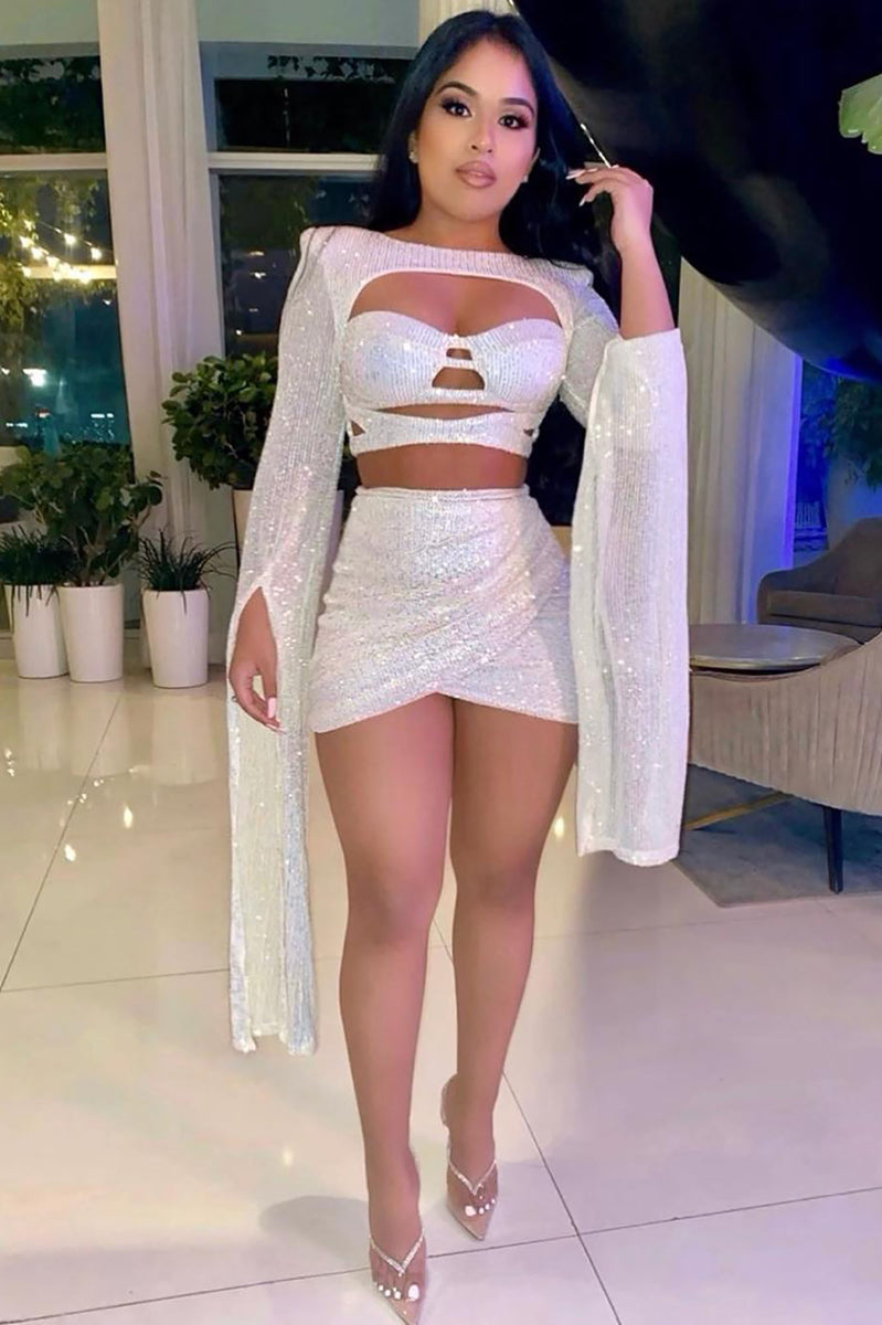 That Glimmer Glow Sequin Skirt Set White Pink Fashion Nova