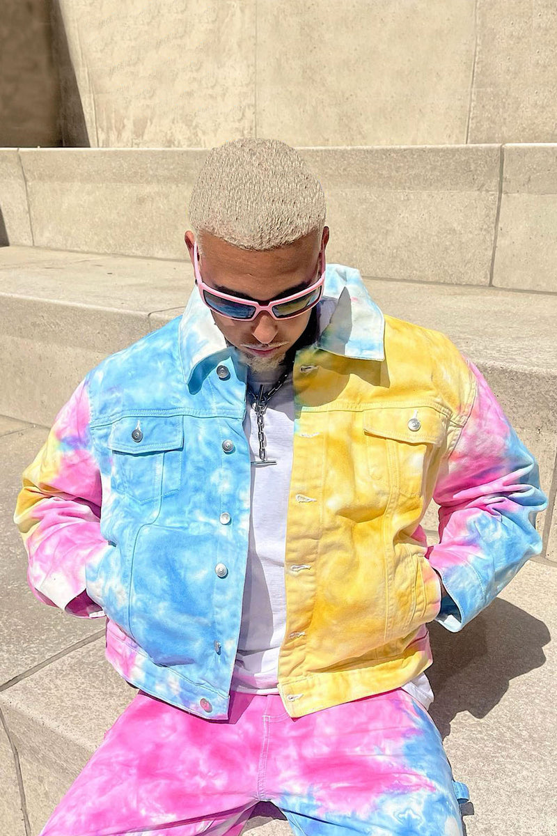 Tie-dye denim trucker jacket