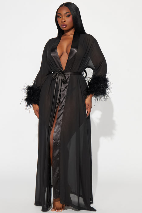 Softest Touch Feather Long Robe - Black