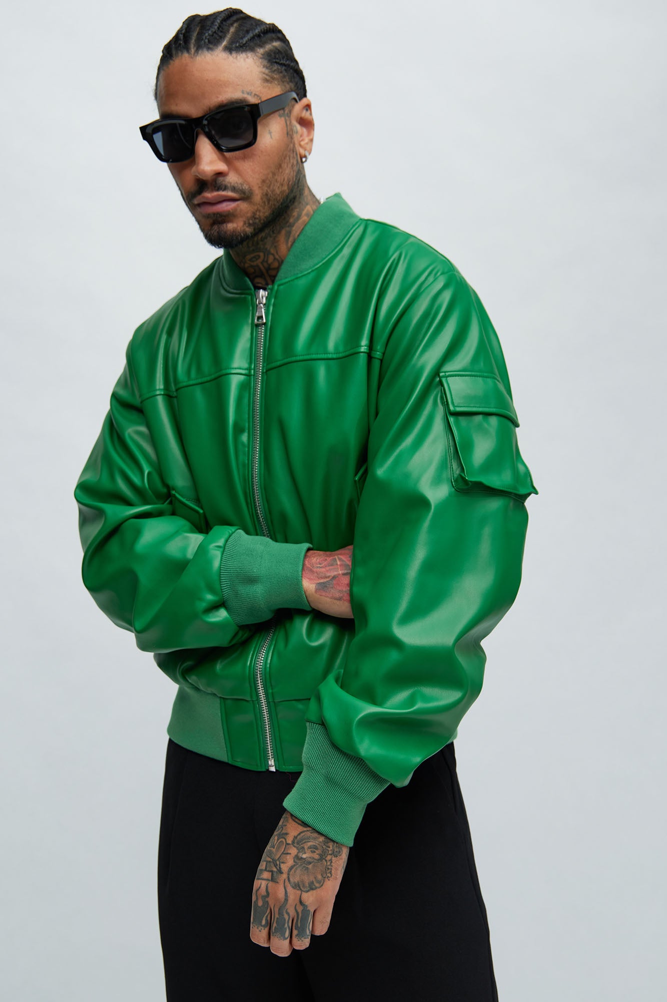 Pretty green leather deals bomber jacket