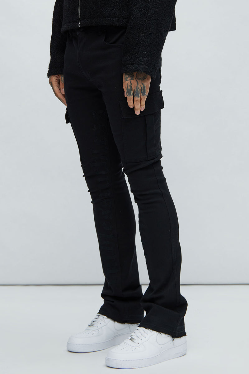 Ruthless Embroidered Stacked Skinny Cargo Flare Jeans - Black | Fashion ...