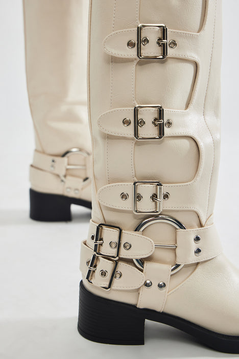 Gotta Buckle Down Knee High Heeled Boots Cream