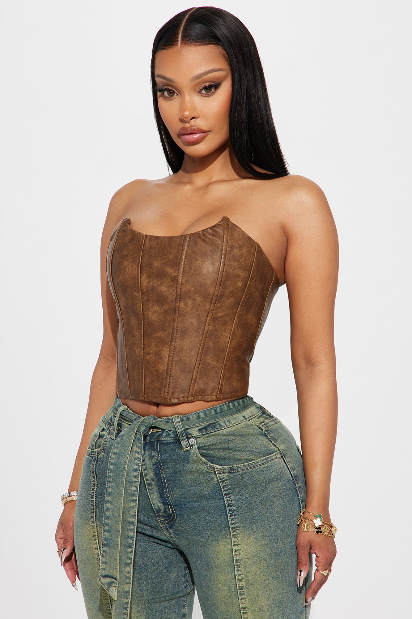 Plus Washed Brown Overdyed Buckle Denim Corset Top