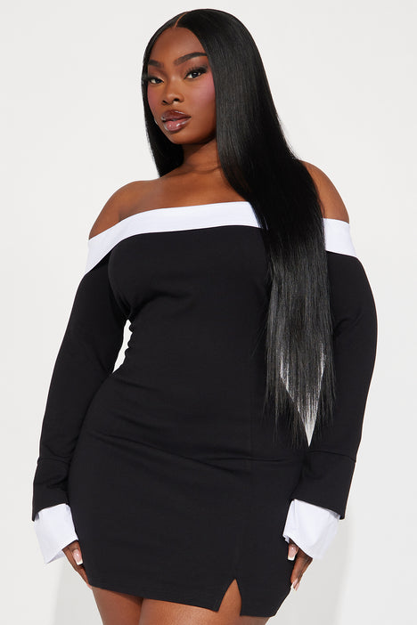 Black white off shoulder dress discount