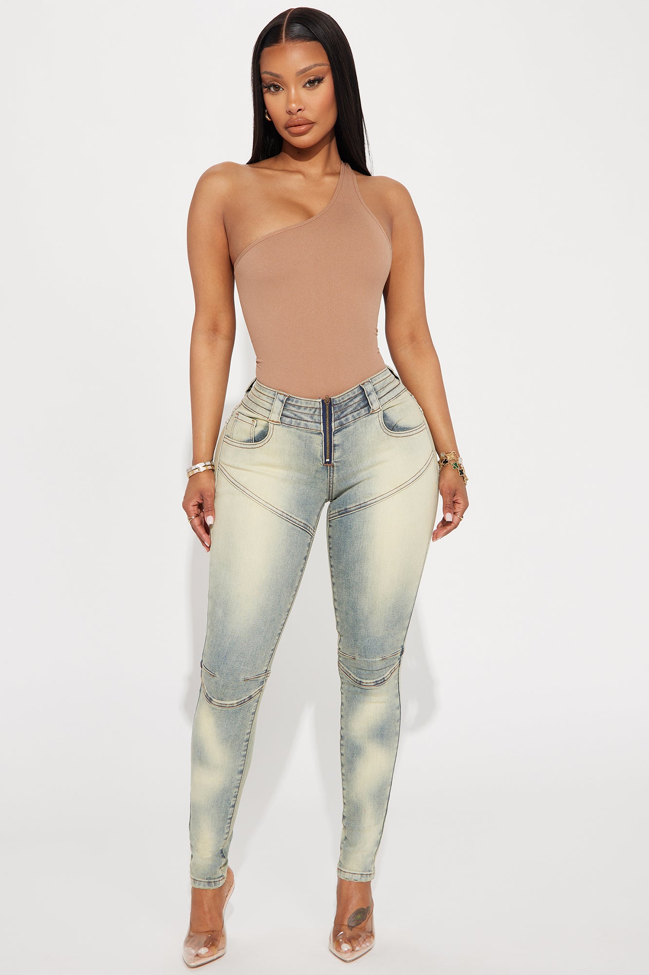 Camryn High Waisted Button Detail Leggings in Beige