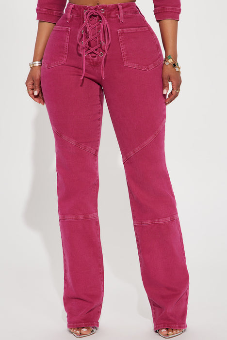 Oasis Lace Up Straight Leg Jeans Pink Fashion Nova Jeans