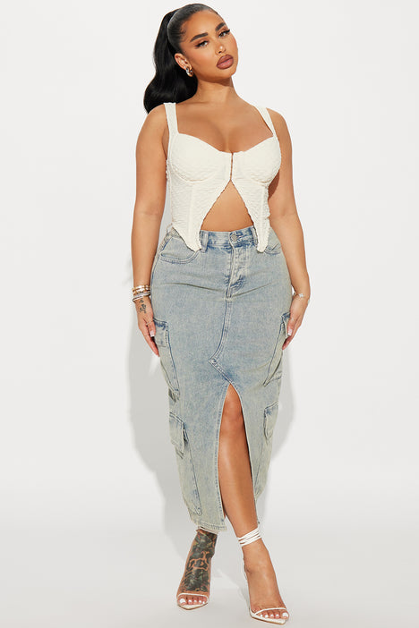Denim midi skirt fashion nova hot sale