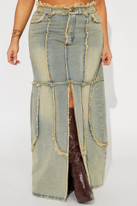 Denim maxi frayed skirt online