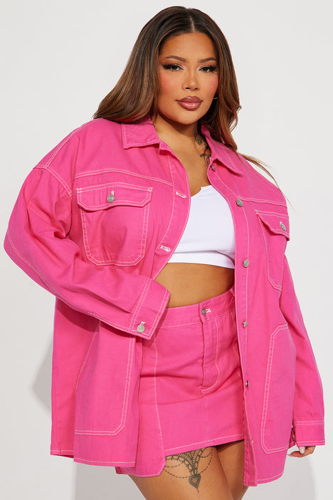 Pink denim jacket and skirt set online