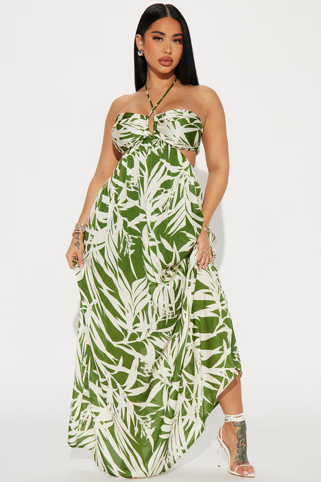 Tropical Satin Maxi Dress Green combo