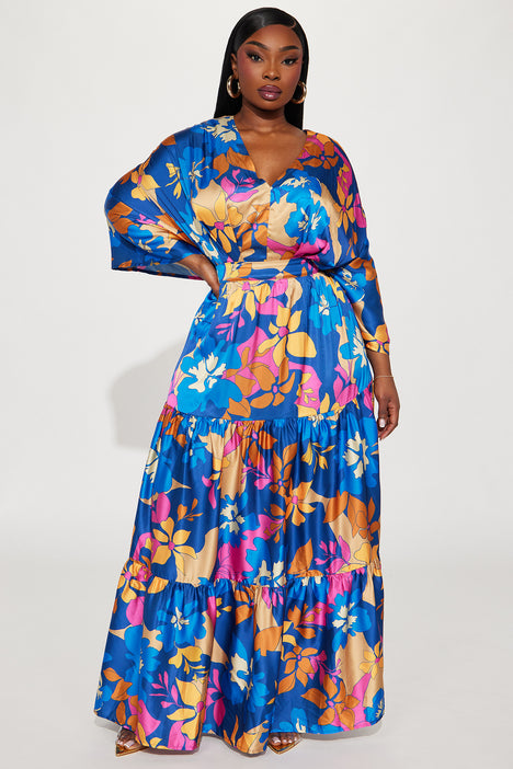 Summer Days Satin Maxi Dress Blue combo Fashion Nova Dresses