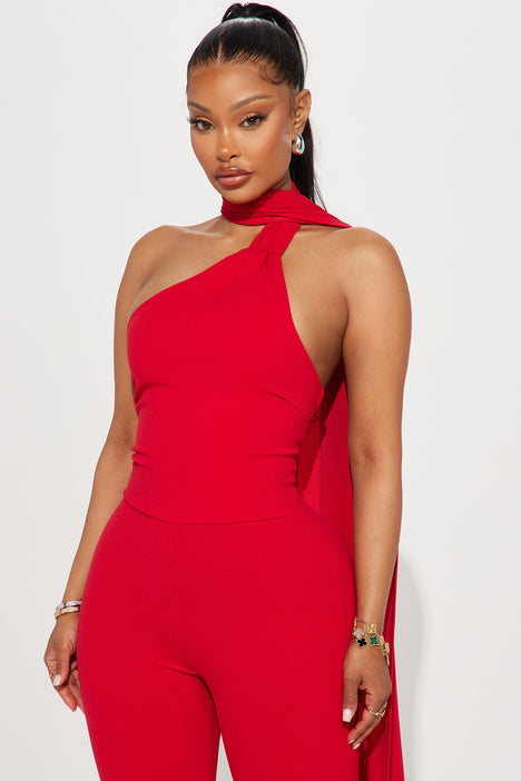 Red top crepe jumpsuit