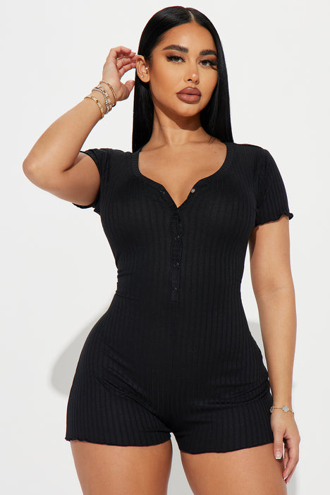Time For Bed Ribbed PJ Romper Onesie Black