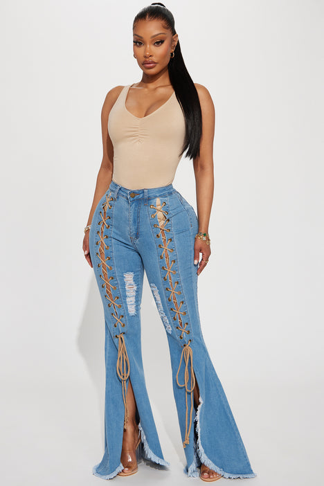 New Developments Lace Up Flare Jeans Medium Wash
