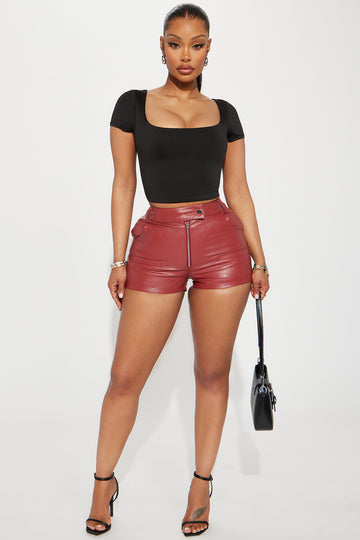 Red leather high waisted shorts shop