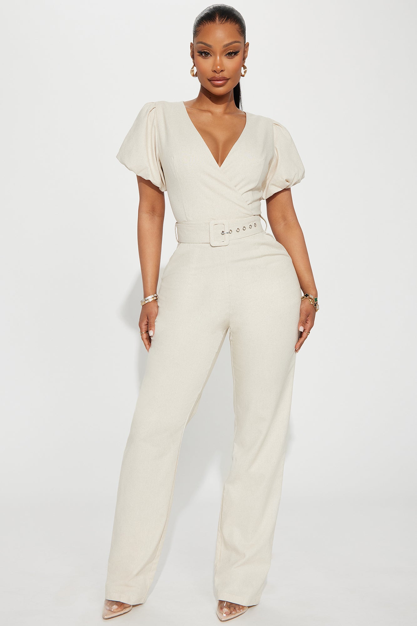 Beige and shop white jumpsuit
