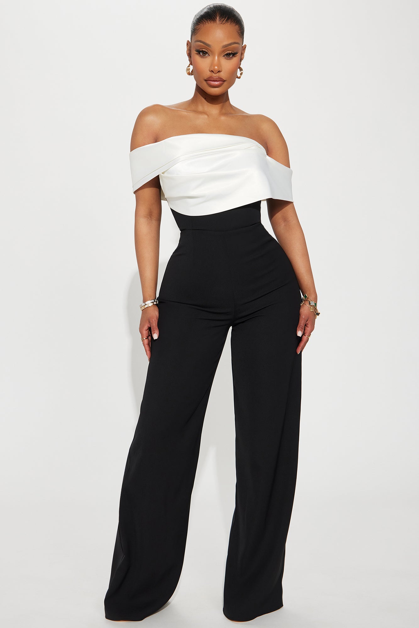 Black and white off the shoulder jumpsuit hotsell