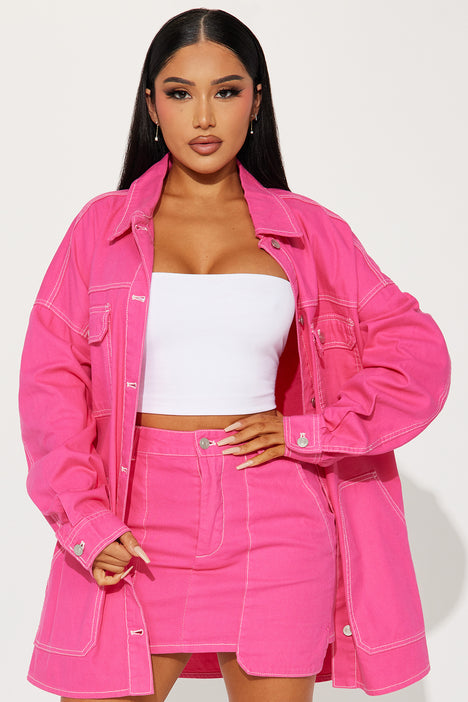Pink denim skirt sales and jacket set