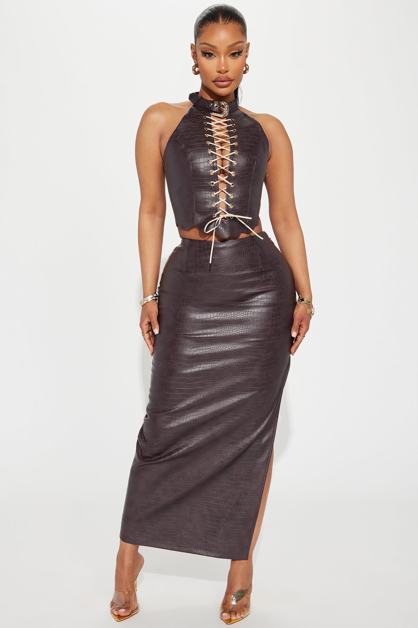 Brown leather skirt fashion nova hot sale