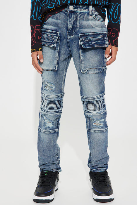 Mini Distressed Moto Denim Skinny Jeans Dark Wash