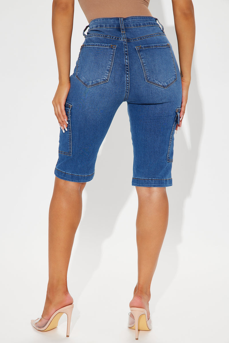 On A New Level Cargo Denim Shorts Medium Blue Wash Fashion Nova