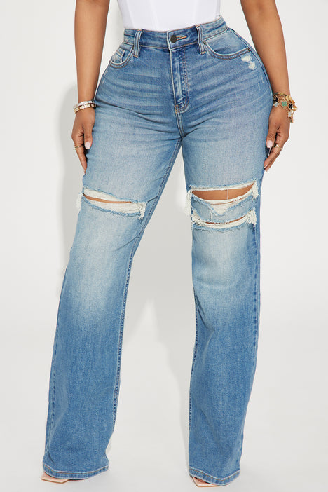 Remi Ripped Stretch Baggy Jeans - Medium Wash