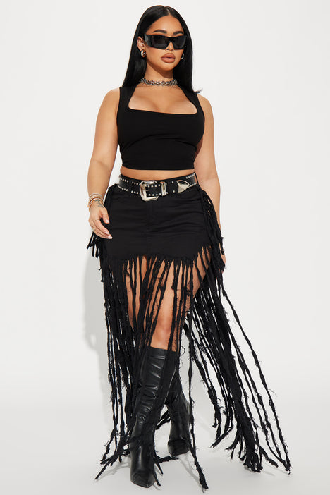 Dance the Night Away Fringed Maxi Skirt Black Fashion Nova