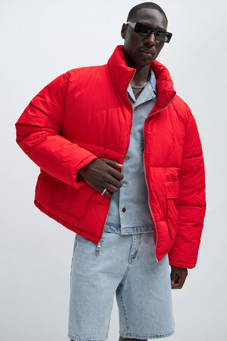 Red cropped puffer jacket sales
