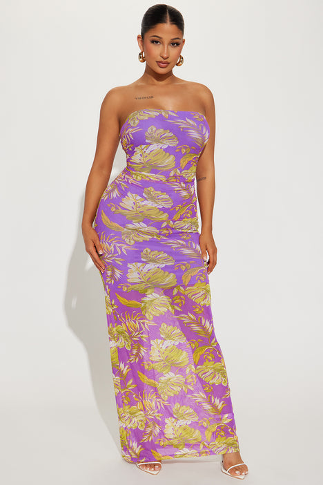 Evelyn Tropical Mesh Maxi Dress Purple Fashion Nova Dresses
