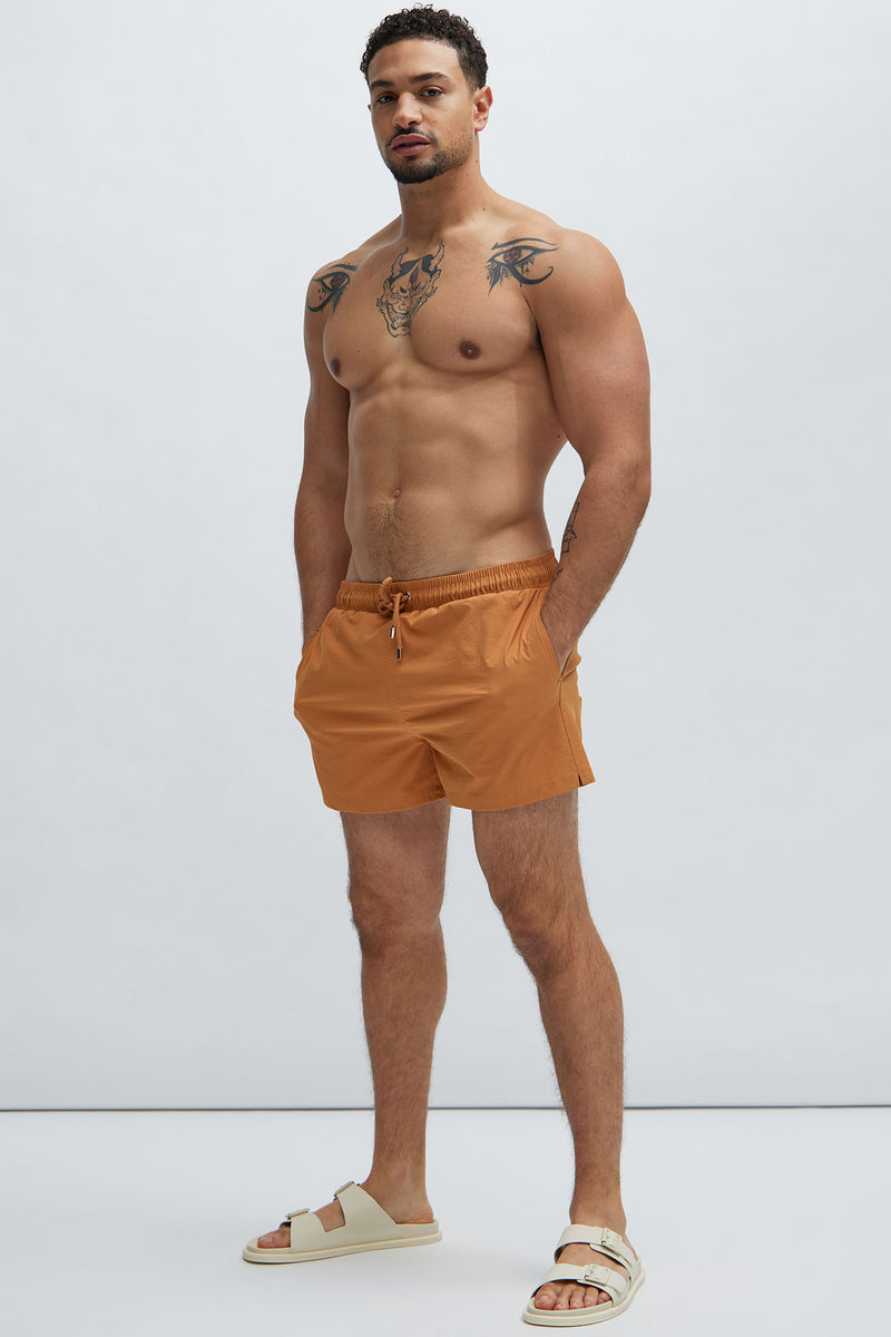 Montez Stretch Swim Trunk Short - Tan | Fashion Nova, Mens Swim ...