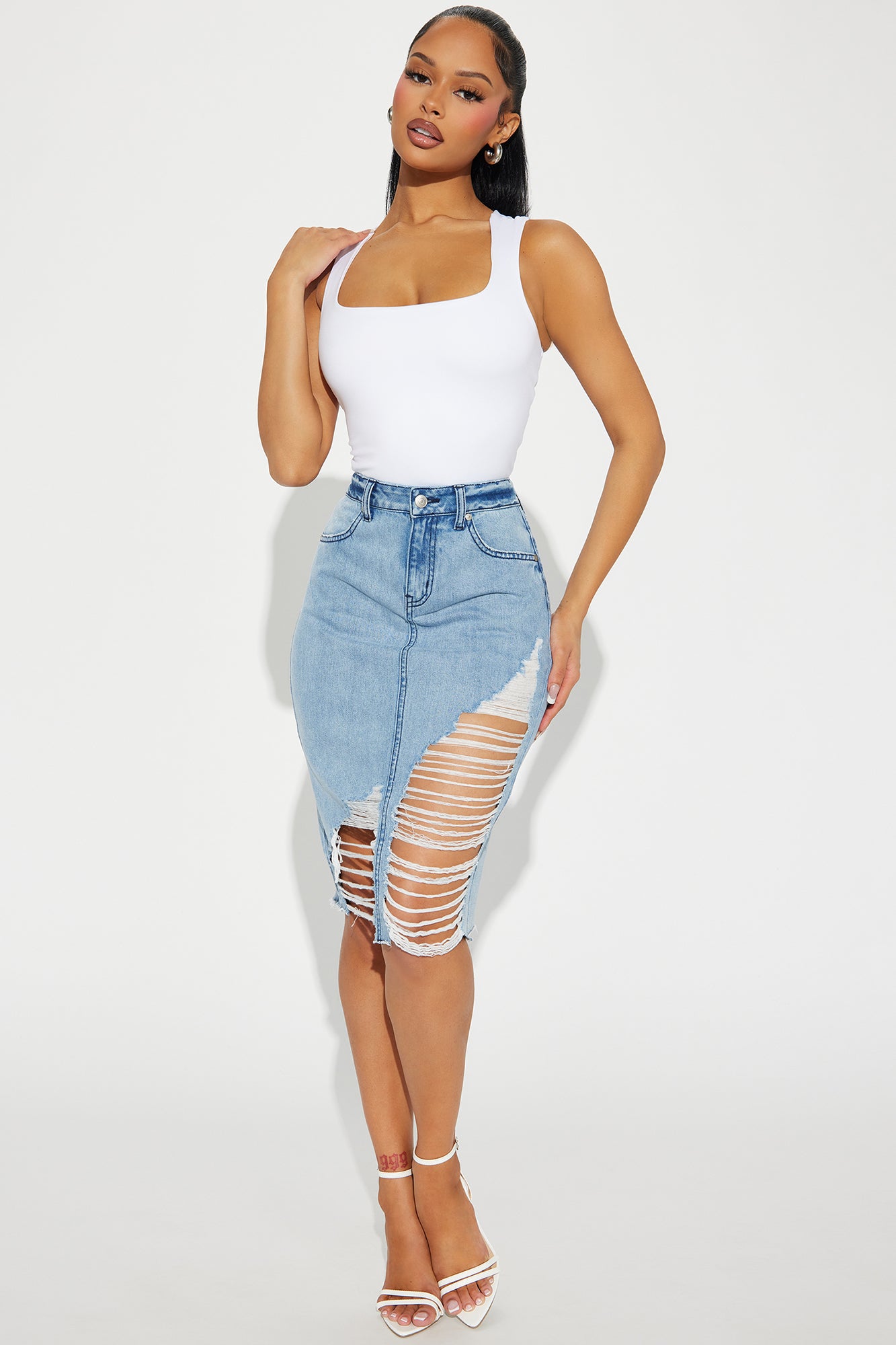 Natasha Distressed Denim Midi Skirt Medium Wash Fashion Nova