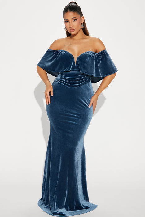 Blue velvet dress fashion nova on sale