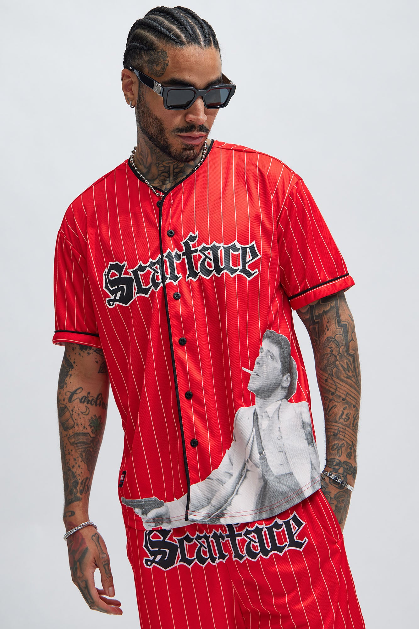 Red pinstripe baseball jersey top