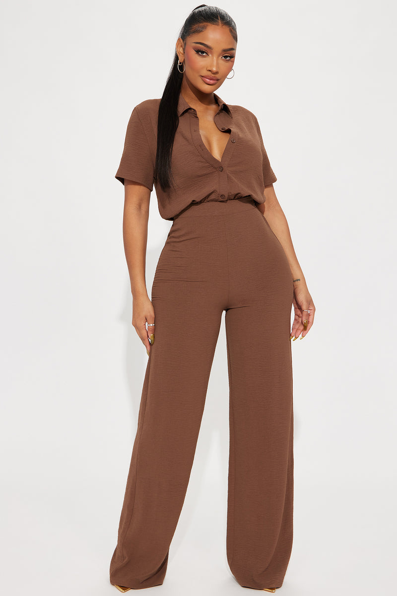 Makenzie Short Sleeve Jumpsuit Chocolate Fashion Nova, Jumpsuits