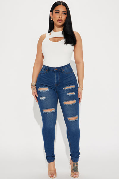 Back It Up Ripped Booty Lifting Stretch Skinny Jeans - Dark Wash